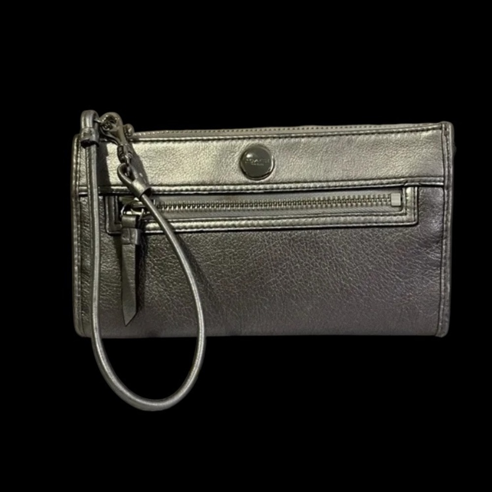 Coach Metallic Gunmetal Leather Wristlet with Removable Strap